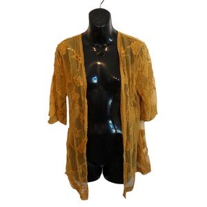 LUQ gold yellow lace embroidered open cardigan xs